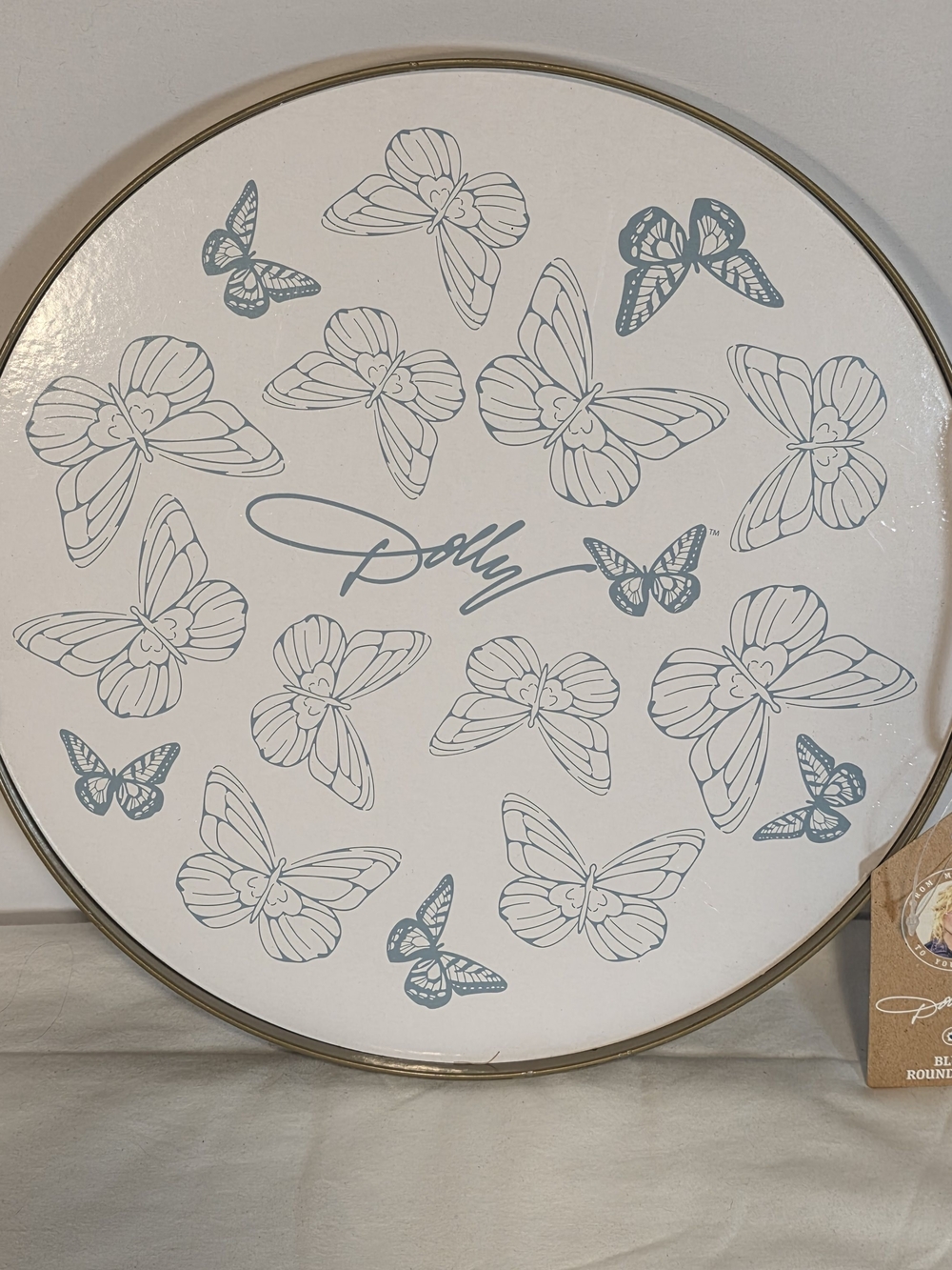 Dolly Parton Round Blue White Butterfly Serving Tray With Handles 12” New W/Tags